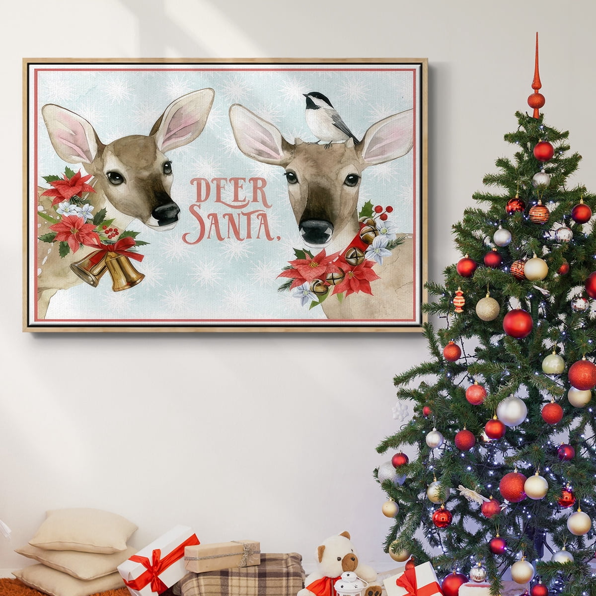 Deer Christmas Collection A - Framed Gallery Wrapped Holiday Canvas - 17 x 25 - Natural Wood Frame