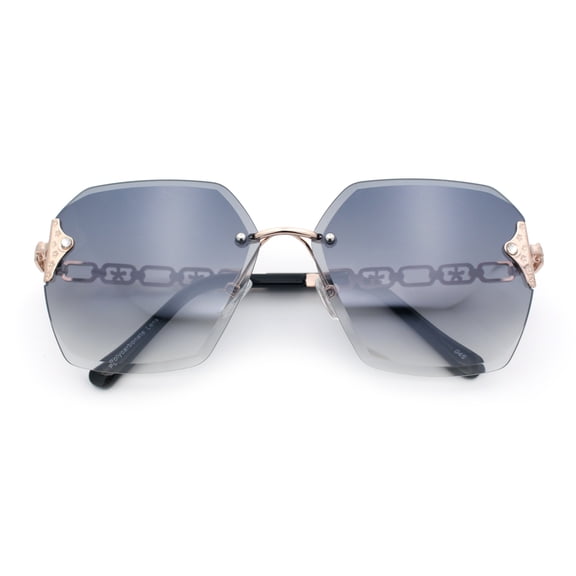 Womens Rhinestone Jewel Chain Arm Rimless Oversize Butterfly Rectangle Sunglasses [Gold - Smoke]