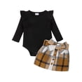 thumbnail image 1 of WIFORNT Baby Girls Autumn Outfit Sets Solid Color Long Sleeve Ruffle Romper + Plaid Skirt with Belt, 1 of 9