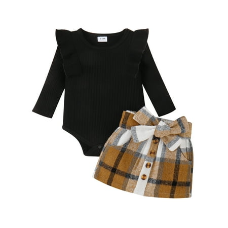 

Domingbub Toddler Baby Girl Fall Winter Clothes Ribbed Romper Top Plaid Button A-line Skirt 2Pcs Outfit Black+Brown 12-18 Months