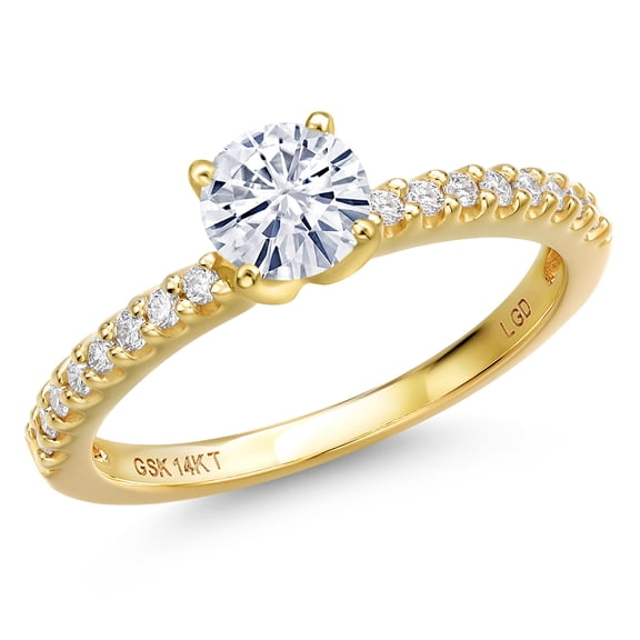 Gem Stone King 14K Yellow Gold White Moissanite and Lab Grown Diamond Engagement Ring for Women | 0.66 Cttw | Round 5MM | Gemstone Birthstone | Size 7