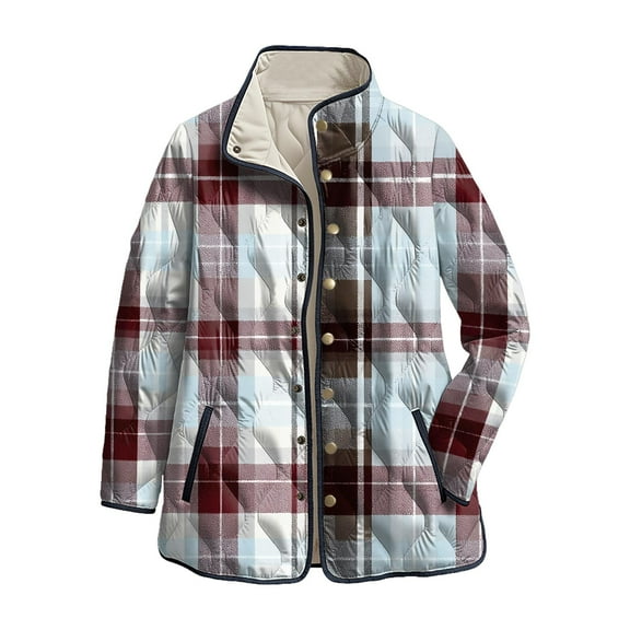 felwors Women's Reversible Quilted Coat with Plaid Print, Stand Collar Lightweight Outerwear for Fall Winter Light Blue, L