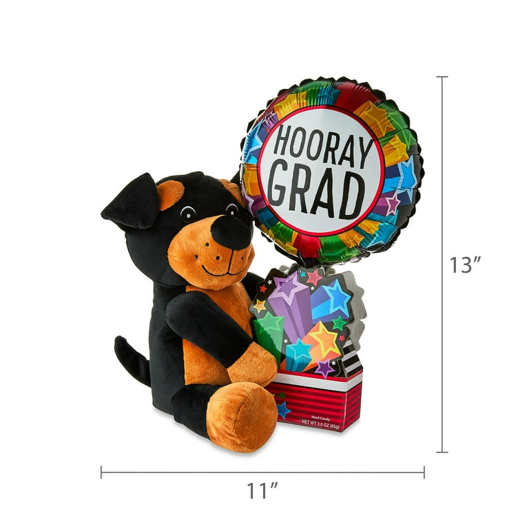 Graduation Black Dog Plush with Hooray Grad Balloon and Hard Candy, 13 in, by Way To Celebrate