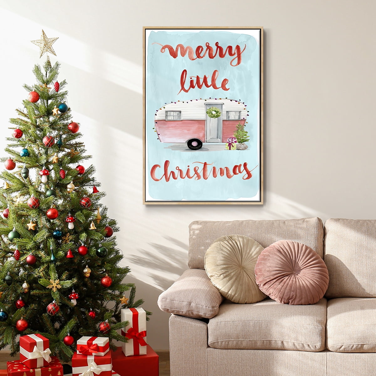 Christmas Cars Collection B - Framed Gallery Wrapped Holiday Canvas - 25 x 37 - Natural Wood Frame