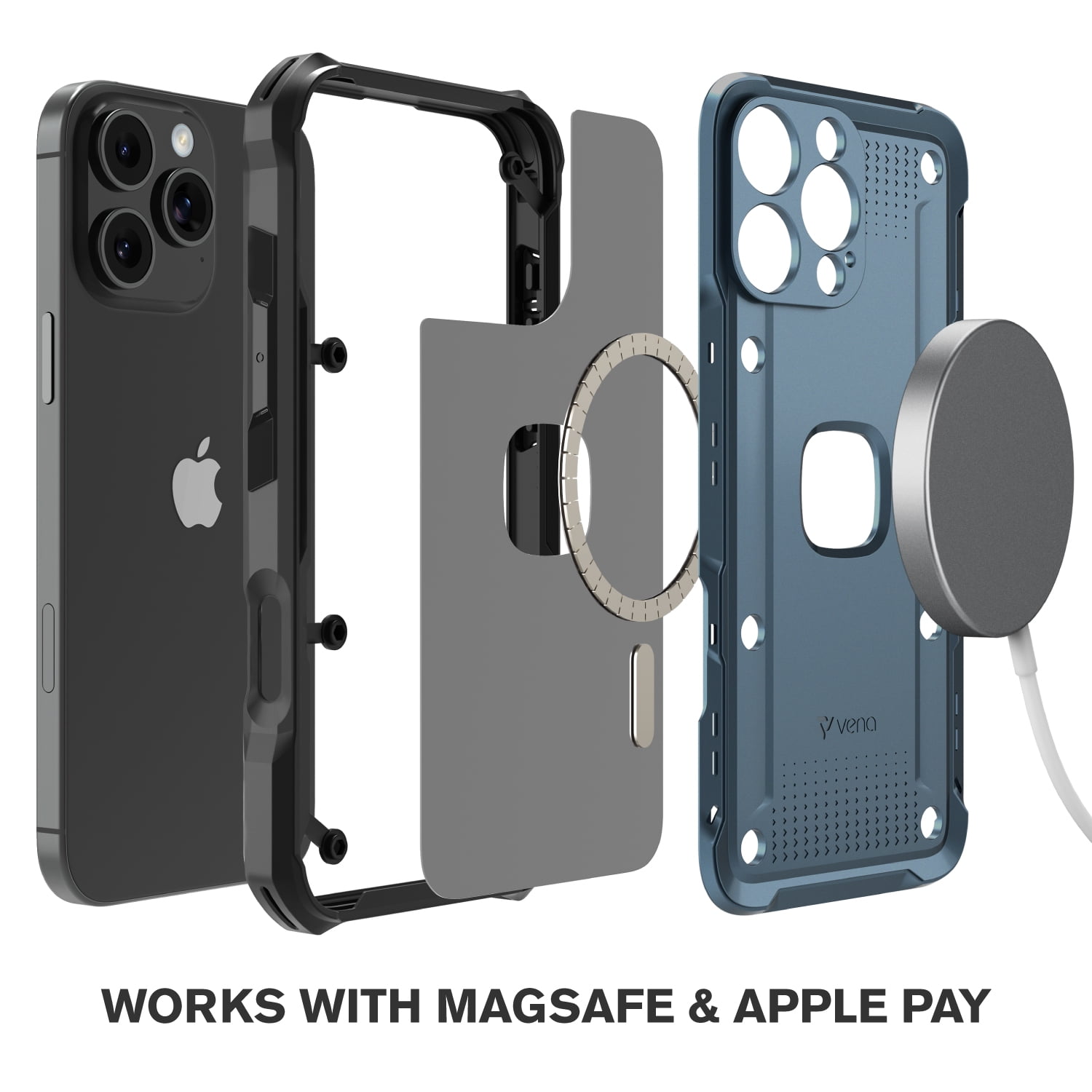 VENA vArmor Rugged Case for Apple iPhone 16 Pro Max (6.9"), (Military Grade Drop Protection) Magsafe Compatible and Heavy Duty Holster Belt Clip Cover with KickStand - Slate Blue / Black