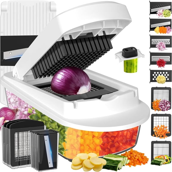 8 Blade All-in-1 Vetable Chopper Mandoline Slicer with Container, Food Chopper, Onion Veggie Cutter for Salad, Kitchen Gadts Accessories Essentials, White