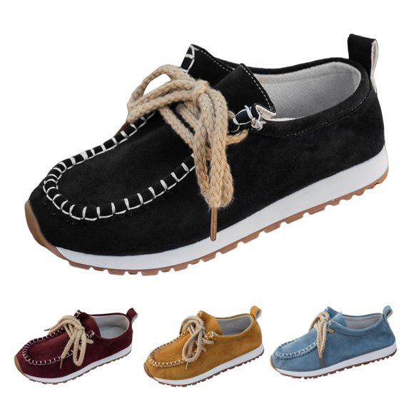 Modisza Womens Suede Loafers Lace up Slip on Comfortable Flat Shoes Business Casual Dressy Round Toe Walking Sneakers size 6.5 Black