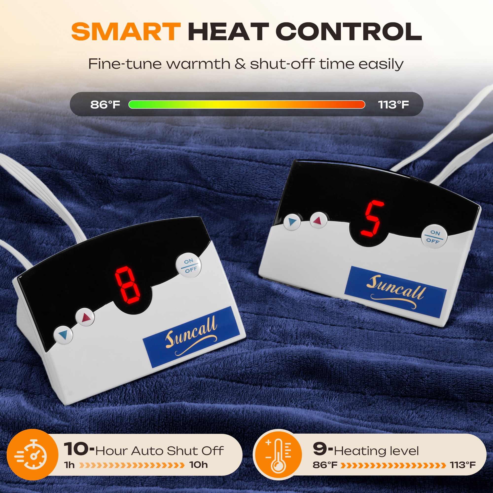 Heated Electric Blanket Queen Size 84"x90" – 10 Heat Levels, 10-Hour Auto Shut-Off, Dual Controllers, Soft Flannel, Overheat Protection, ETL & FCC Certified, Machine Washable