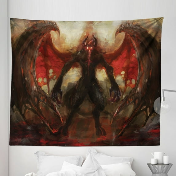 Fantasy Tapestry, Devil Shadow with Wings Primary Opponent of Rising Hell Afterlife Image, Fabric Wall Hanging Decor for Bedroom Living Room Dorm, 5 Sizes, Red Grey, by Ambesonne
