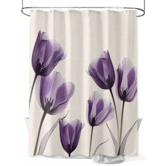 Purple Tulip Shower Curtain, Minimalist Modern Flowers Art Linen Background Waterproof Shower Curtain Set with 12 Hooks Lightweight Washable Fabric Shower Curtains for Bathroom 36x72 Inches