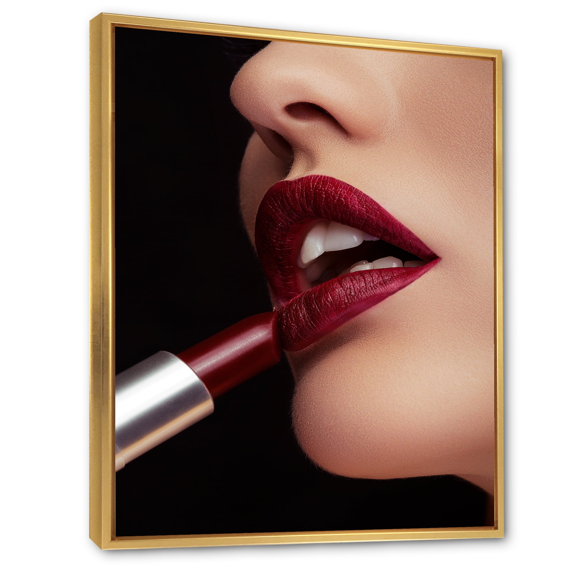 Designart 'Woman Applying Red Lipstick On Lips I' Modern Framed Canvas Wall Art Print