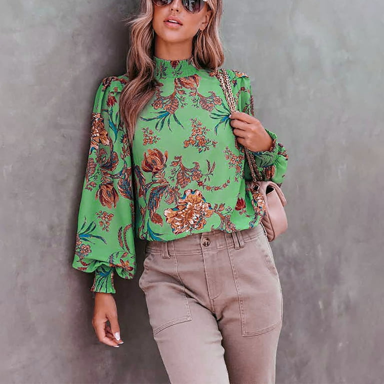 High Neck Pullover for Women Women's Fresh And Clean Floral Long Sleeve Fashion Long Sleeve Turtleneck Blouse Shirts Knit Pullover Sweater Top