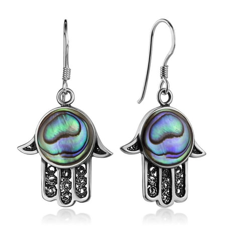 Chuvora 925 Sterling Silver Filigree Hamsa Hand of Fatima Green Abalone Shell Dangle Hook Earrings 1.5