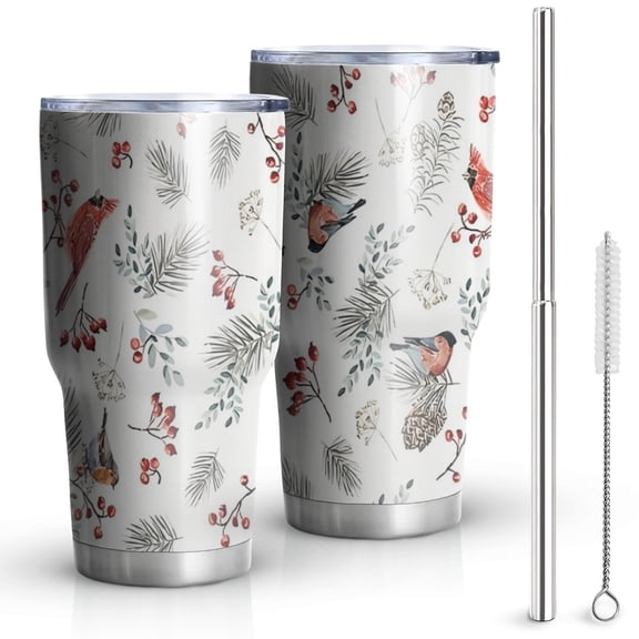 30oz White Christmas Bird and Pine Pattern Tumblers Stainless Steel Tumbler with Lid and Straw,Vacuum Insulated Double Wall Travel Tumbler Cups Mug with Cleaning Brush for Coffee,Tea