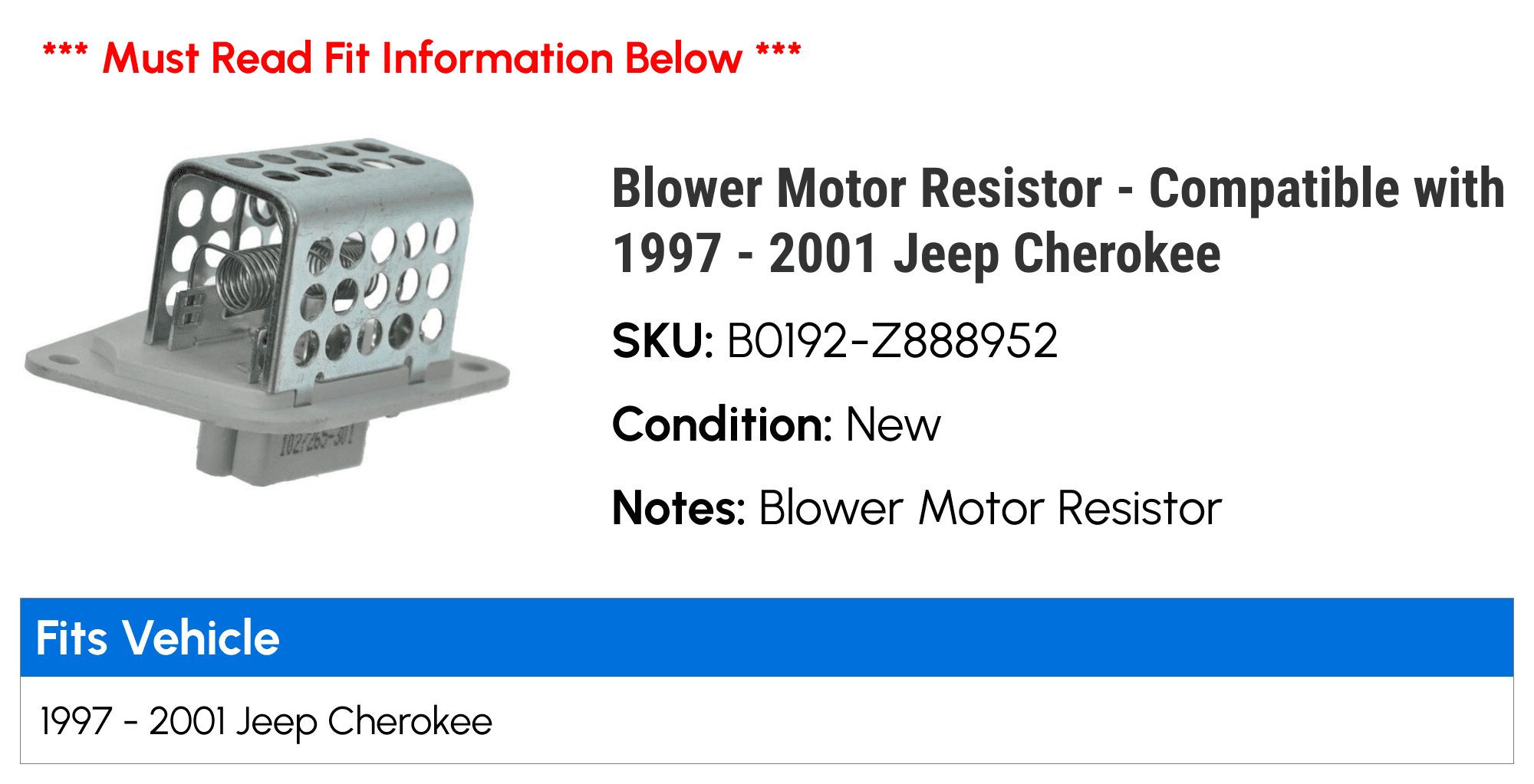 Blower Motor Resistor - Compatible with 1997 - 2001 Jeep Cherokee 1998 1999 2000