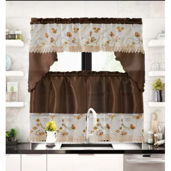 Gorgeous Home Linen Set of 3 Pieces Kitchen Window Curtain Embroidery Floral Multicolor 2 Tier   1 Swag Valance for Kitchen (BR8 -Brown)