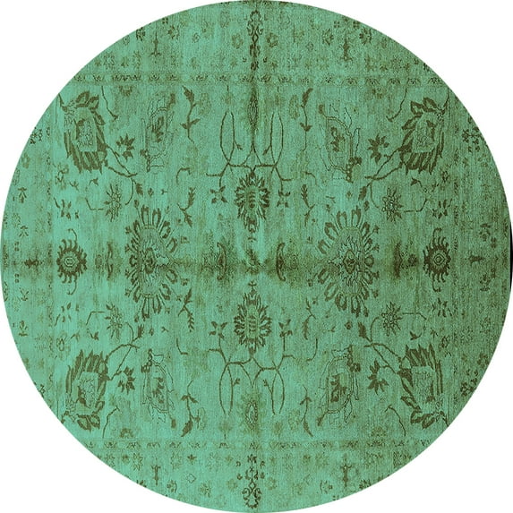 Ahgly Company Machine Washable Indoor Round Oriental Turquoise Blue Industrial Area Rugs, 3' Round