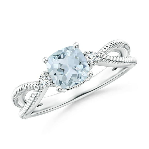 ANGARA Natural Cushion Aquamarine Split Shank Ring with Rope Detailing in 14K White Gold for Women (Size-6mm) | March Birthstone, Anniversary, Jewelry Gift for Women | Natural Aquamarine Ring