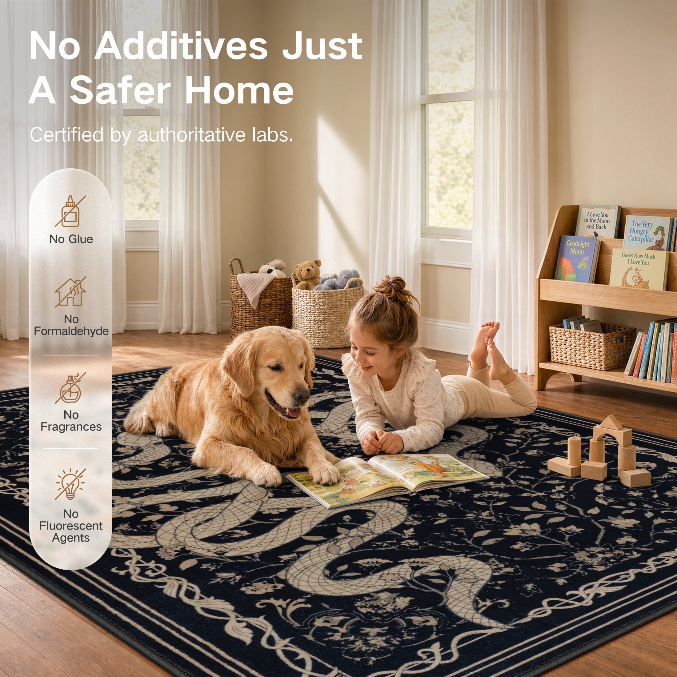 Moynesa Vintage Snake 8'x10' Large Area Rug for Living Room, Washable Black Floral Rug Botanical Statement Accent Carpet for Bedroom Dining Room Home Office Non Slip Stain Resistant Low Pile