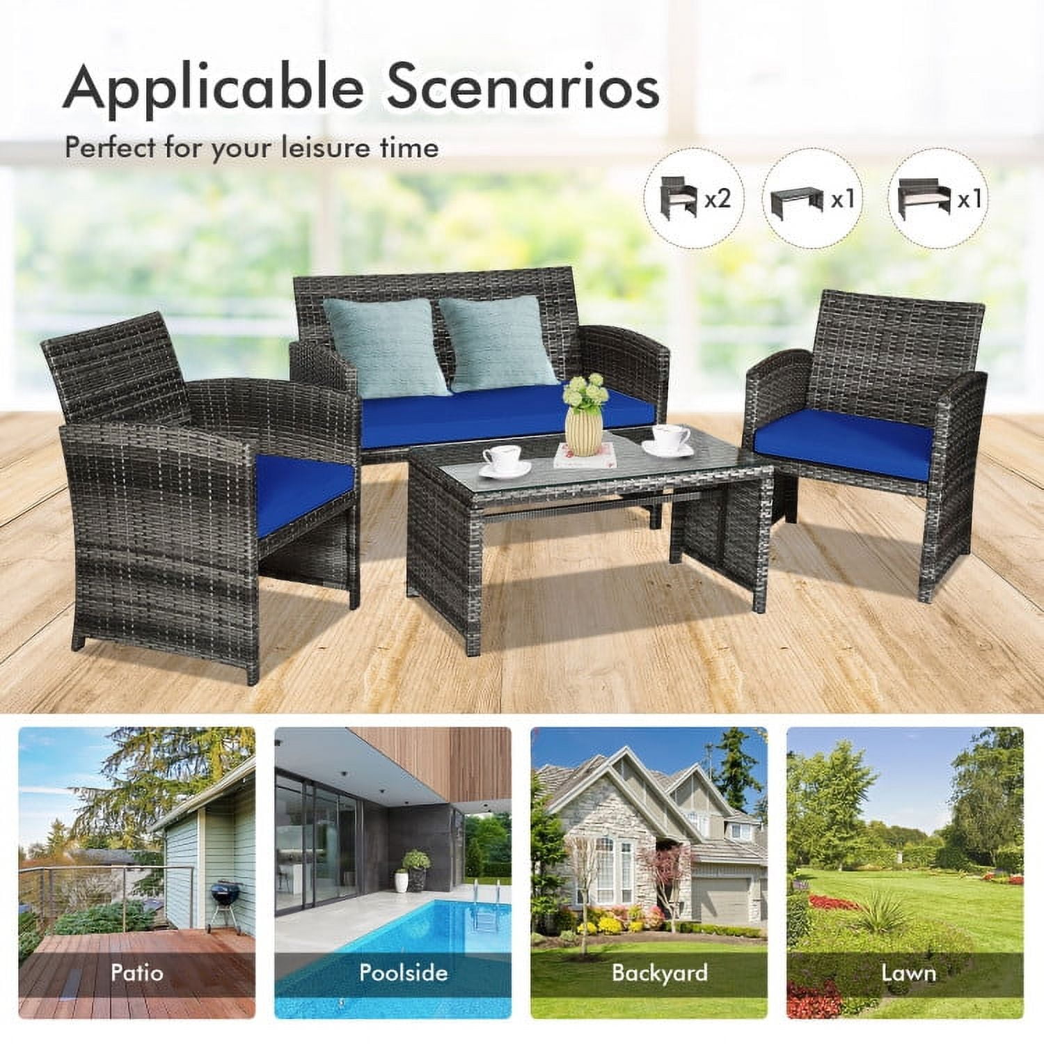 Aimee Lii 4 Pieces Wicker Patio Furniture Set with Cushions, Wicker Outdoor Sectional, Navy Aimee Lii 4 Pieces Wicker Patio Furniture Set with Cushions, Wicker Outdoor Sectional, Navy