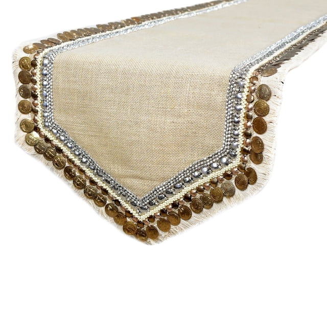 The HomeCentric Decorative Beige Table Runner 14 x 90 inch Bordered Pattern Contemporary Style - Marima