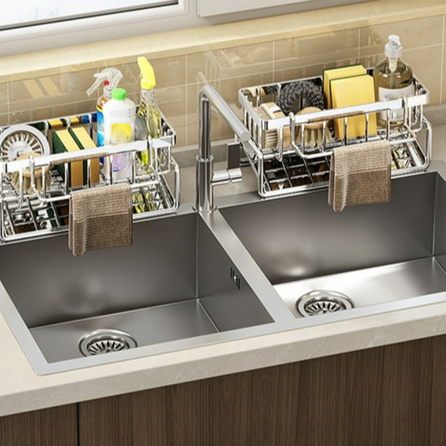 YIMWNYI Kitchen Sink Organizer Multifunctional Draining Rack, Stainless Steel Caddy for Sponges and Brushes, Fast Drainage System, Towel Hanging Rod, Durable Plastic, Kitchen Storage Solution