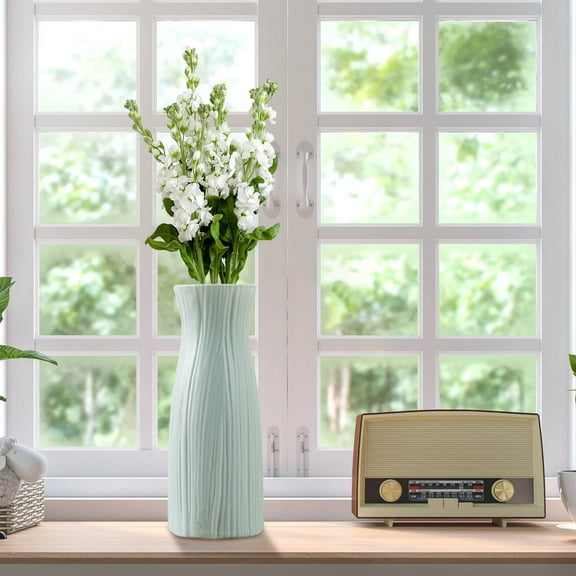 Large White Plastic Flower Vase for Fresh or Dried Bouquets, Modern Home Decor Centerpiece for Shelf, Table, or Wedding