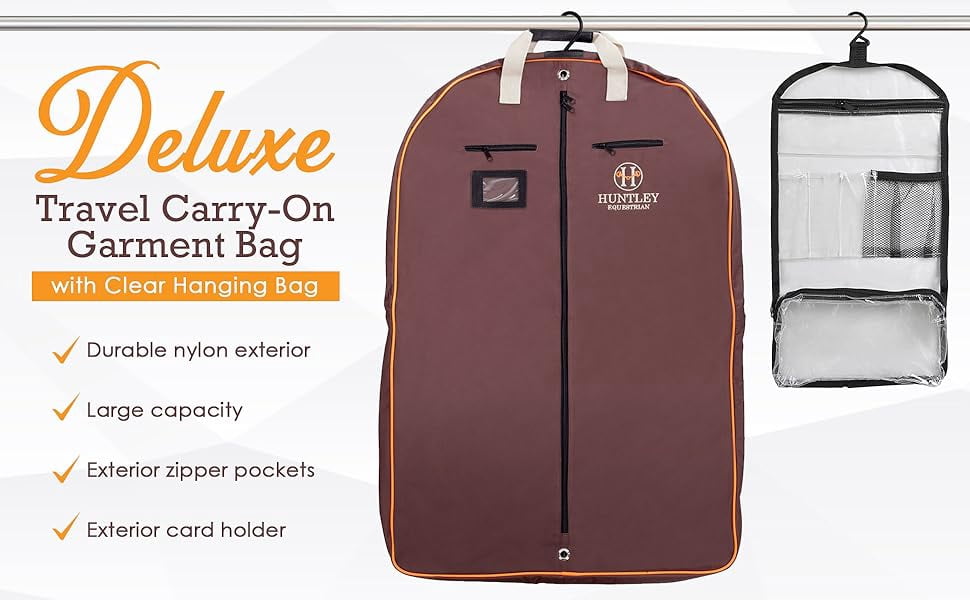 Huntley Equestrian Deluxe Travel Garment Bag Zipper, Closure Cover, Traveling Equestrian Bag Collection - Brown