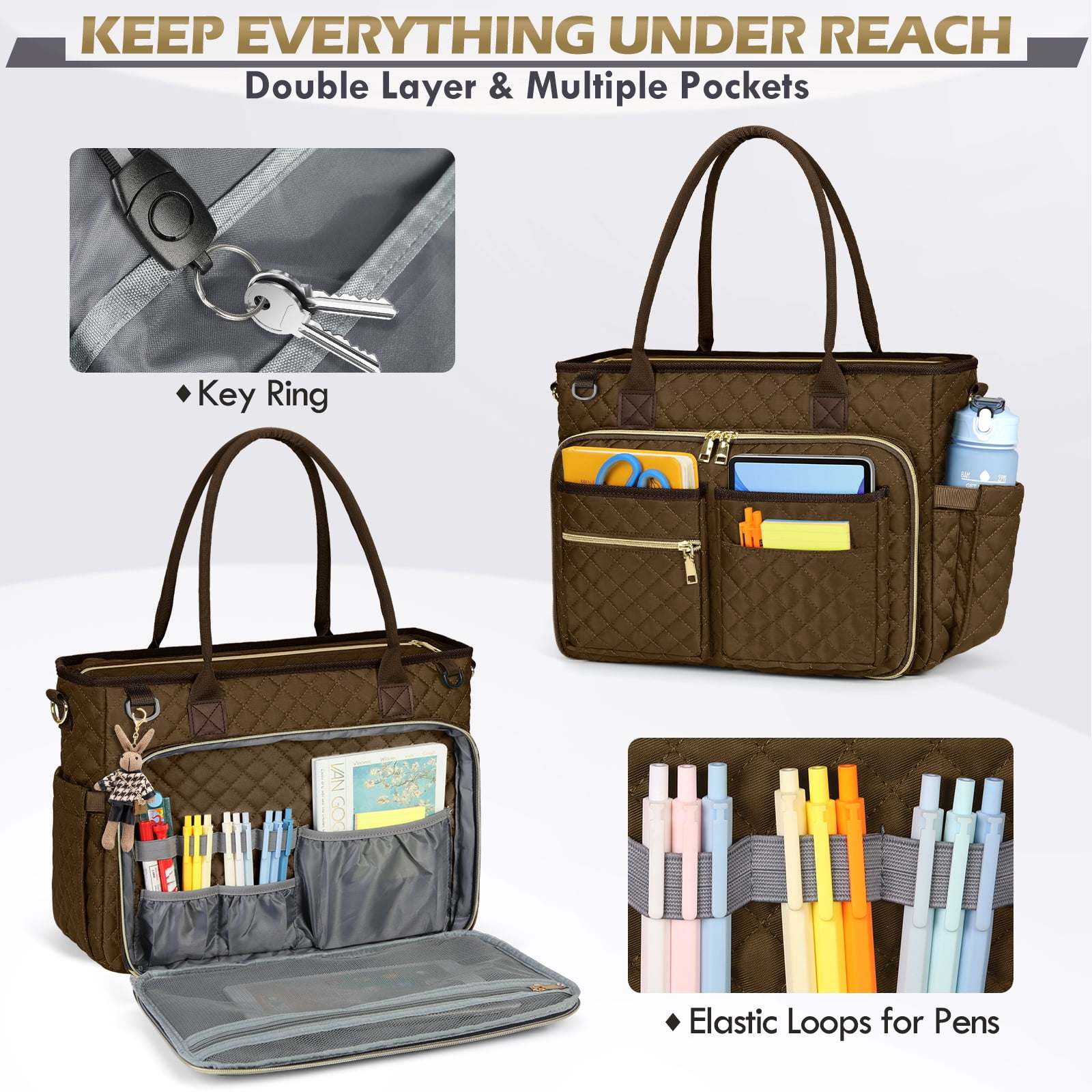 RAINSMORE Teacher Tote Bag 15.6 inch Laptop Bag for Women College Laptop Briefcase for Work Office Nurse Bag Professional Computer Messenger with Insulated Pocket,Coffee