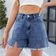 thumbnail image 3 of Pantalones cortos de mezclilla con abertura frontal for mujer, pantalones cortos casuales de verano con flecos y dobladillo crudo de talle alto, 3 of 7