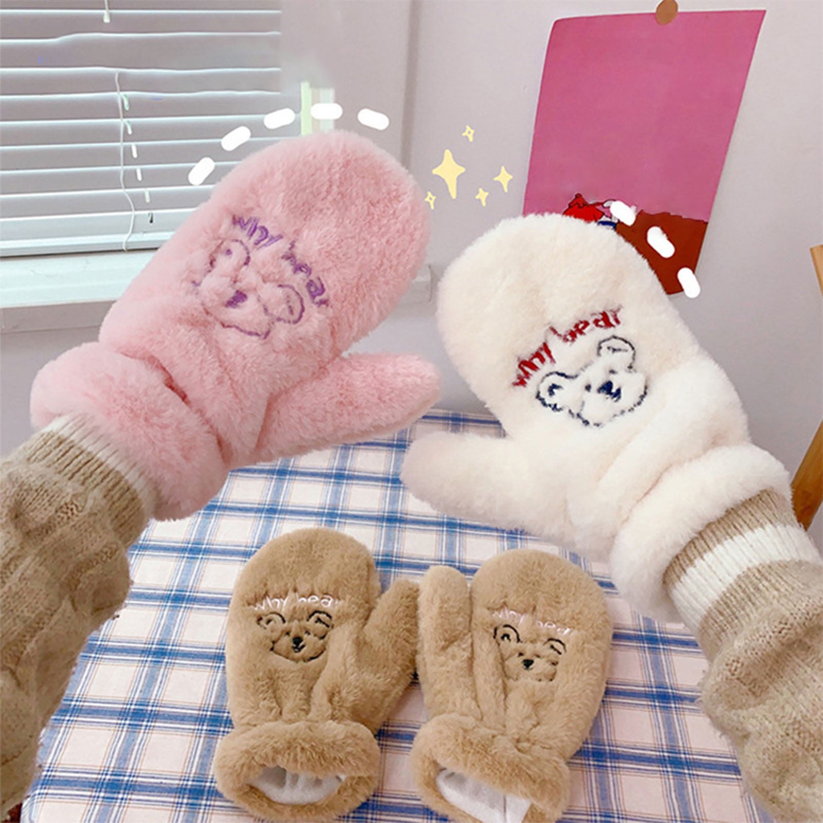 GROFRY 1 Pair Women Mittens Cartoon Bear Embroidery Thickened Fluffy Plush Super Soft Keep Warm Comfortable Winter Thermal Girls Gloves for Daily Life