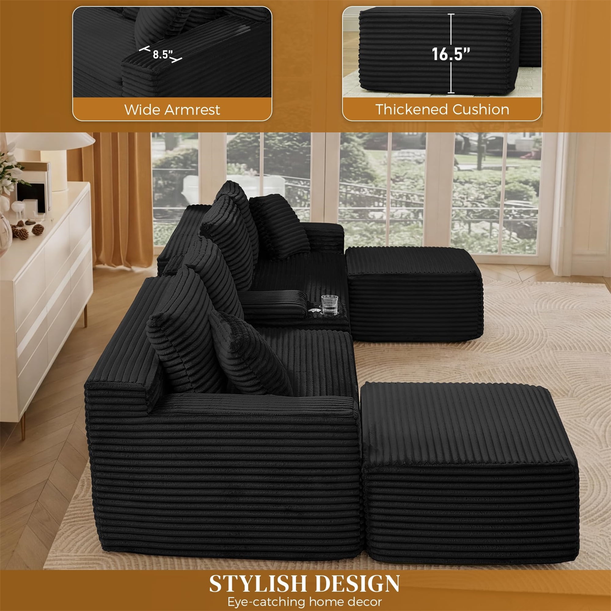 Aukfa 127" U-Shaped Cloud Sectional Sofa Oversized Modular Boneless Couch with USB & Cup Holder Storage Console for Living Room, Corduroy, Black