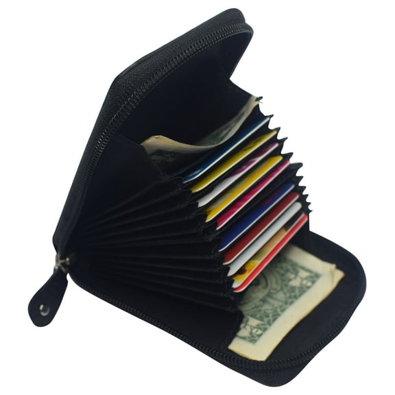 Genuine Leather RFID Accordion Credit Card Holder with Zipper for Women Ladies Wallets