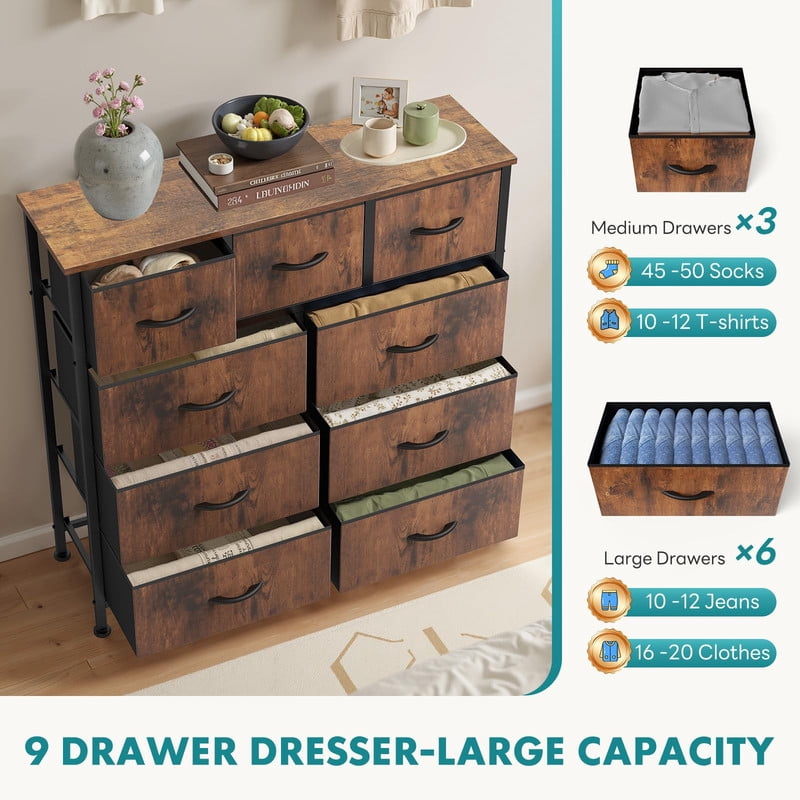 Kelno 9 Drawer Fabric Dresser Storage Tower Chest Organizer with Wood Top Steel Frame, Rustic Brown