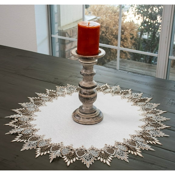 Neutral Earth Tones White Jacquard Table Doily (23"/ 33" RD)