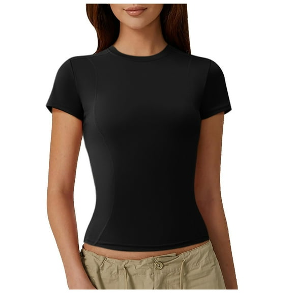 Womens Workout Compression Shirts Solid Color Short Sleeve Crew Neck Basic Yoga Tops Lightweight Soft Comfy Slim Fit Tees