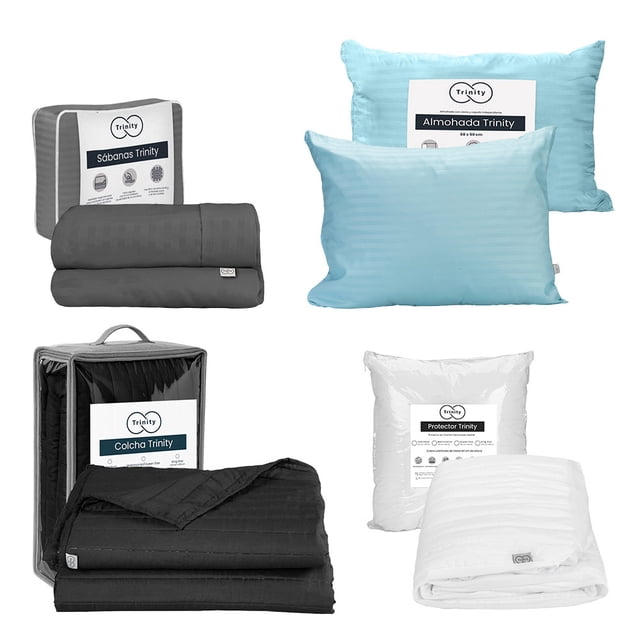 Colcha Acabado Ultrasónico Queen Size Negro + Azul + Protector de Colchón + Juego de Sábanas Trinity + 2 Almohadas Trinity