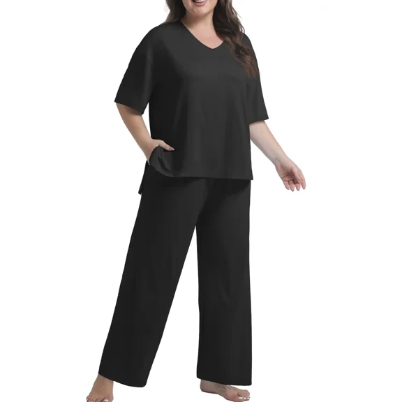 MINTREUS Lounge Sets for Women Plus Size Pajamas Knit pjs Short Sleeve Tops and Long Pants Soft Comfy 2 Piece Pajama Set