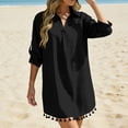 thumbnail image 2 of Fesfesfes Women's Tassel Hem Beach Cover Up Button Down Shirt Dress Oversized 3/4 Sleeve Swimsuit Cover Up Vacation Resort Wear Summer Bikini Beach Dress, 2 of 7