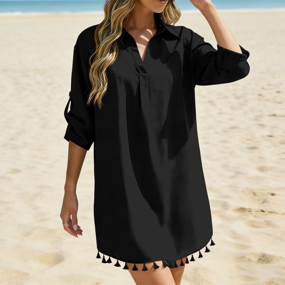 SOOMLON Dress Cover up for Women Plus Size Fringe Swimsuit Coverup Long Sleeve Shirt Dress Elegant Beach Party Swimwear