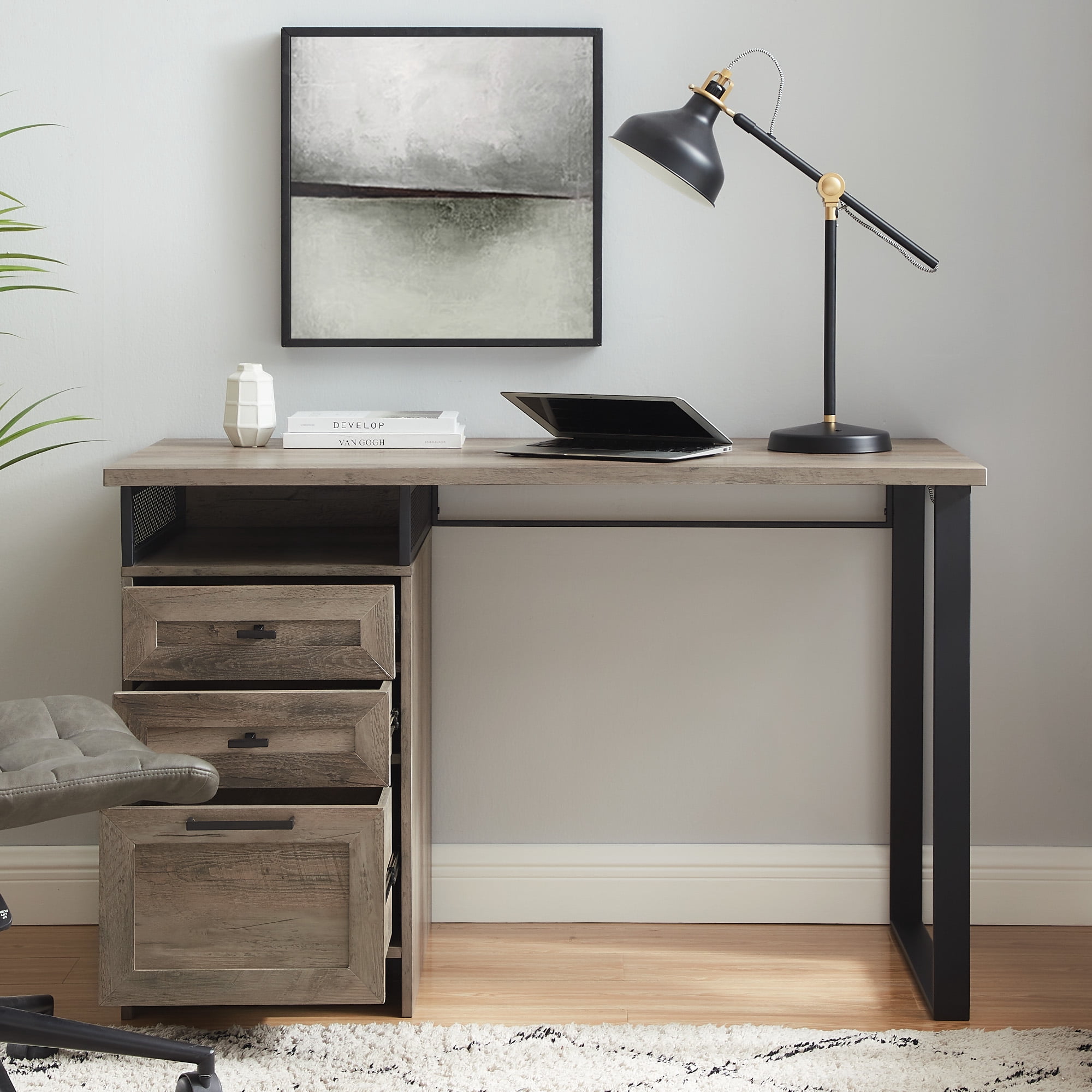 Manor Park Urban Industrial Storage Writing Desk, Grey Wash