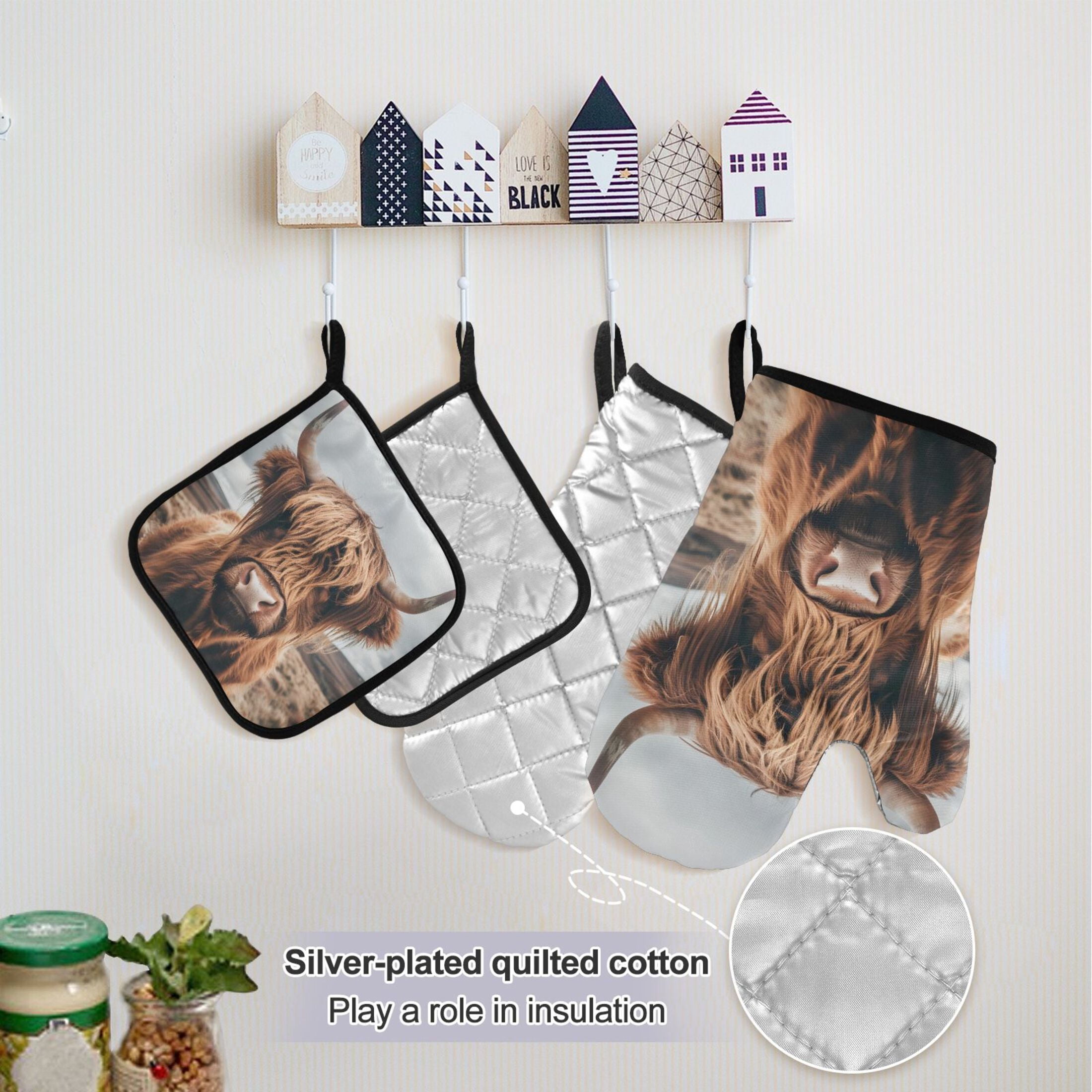 Ryvnso A Highland Cow Kitchen Apron Oven Mitts Set Pot Holders