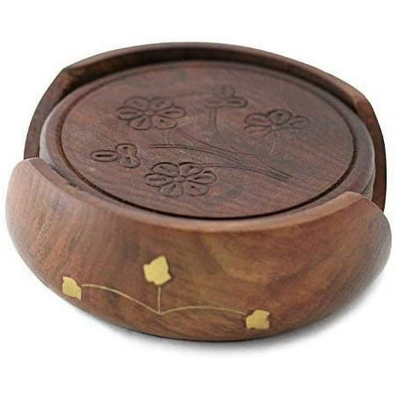 Nautical Hand Carved Wooden Drink Coasters Set of 6 in a Lotus Shaped Holder with Brass Inlay by Wooden coaster