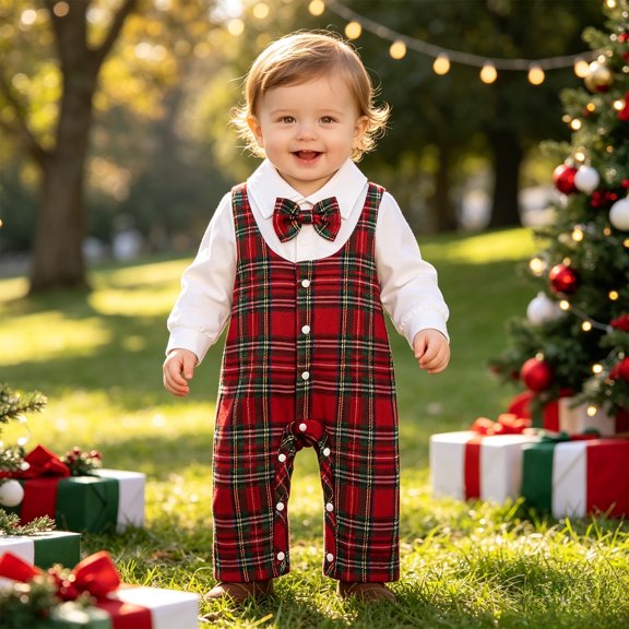 Pandaie Baby Boy Christmas Plaid Gentleman Romper Vest Long Sleeve Overall Jumpsuit Infant Formal Suit Red,9-12 Months