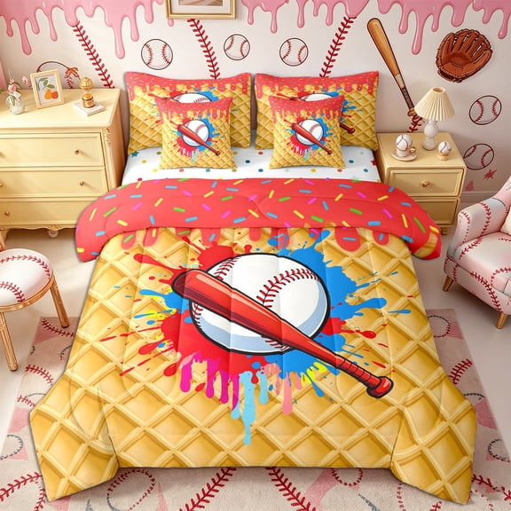 Castle Fairy Red Baseball Bat Print Twin Bedding 7-Piece, Ice Cream Drip Bedding Comforter Set, Red Blue Yellow