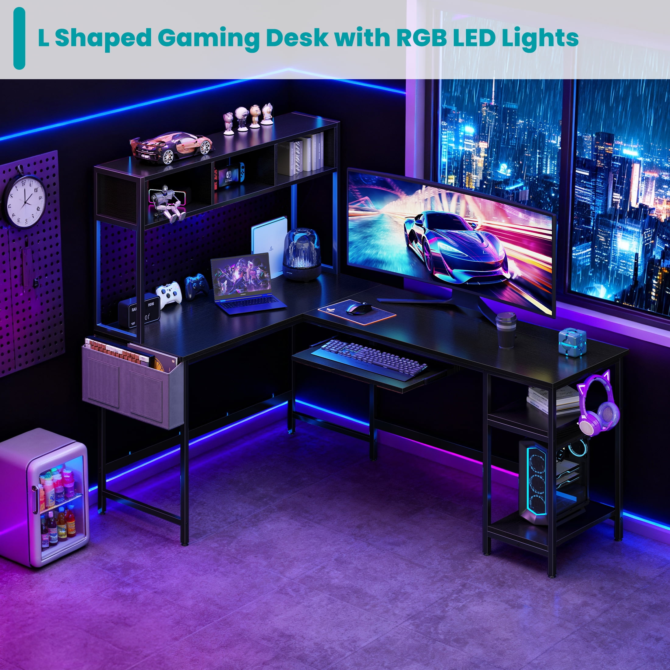 EDX 67'' L Shaped Computer Desk with LED Light, Shelf & Storage Bag & Keyboard Tray Corner Desk, Black