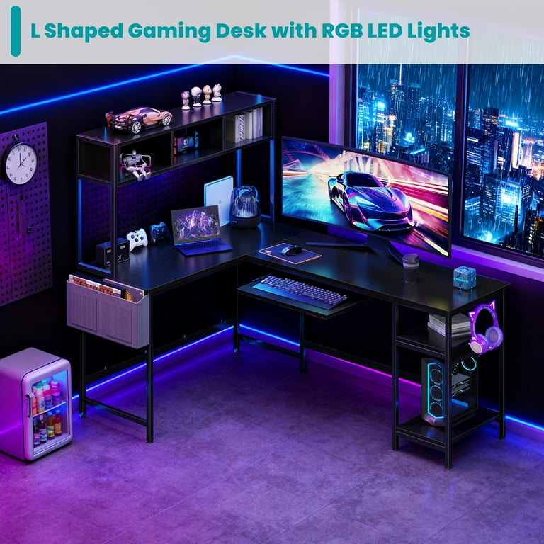 EDX 67'' L Shaped Computer Desk with LED Light, Shelf & Storage