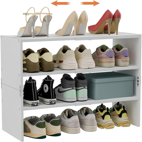 Shoe Rack Organizer for Closet, Expandable Shoe Shelf, Stackable Iron Wood Combination Shoe Racks Shelves for Closets, Entryway,Small Space,Hallway,Garage,Holds 8-16 Pairs of Shoes