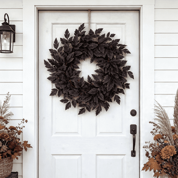 Fall Decor - Fall Wreaths for Front Door - 24 Inch Plum Cimicifuga Leaves Wreath - Autumn Harvest Halloween Decorations for Home Indoor Outdoor Mantle Window Wall Kitchen