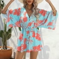 thumbnail image 3 of QUYUON Women V Neck Mini Dress Summer Bell Sleeve Button-Down Short Dresses Tie Waisted Boho Dress Beach Sundress Casual Loose Swing A-Line Cocktail Party Night Out Club Dress, Blue L, 3 of 4